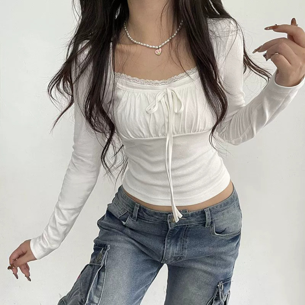 ZARA American Hottie Lace Up Ruffled Fitted Push Up Long Sleeve Top for Women